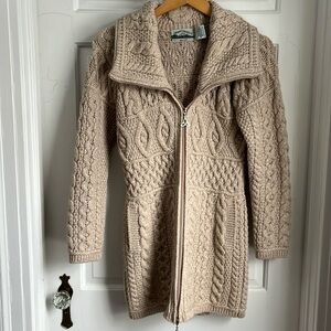 Irish Aran Ladies Zipper Long Cardigan Jacket Chunky Knit Merino Wool xSmall